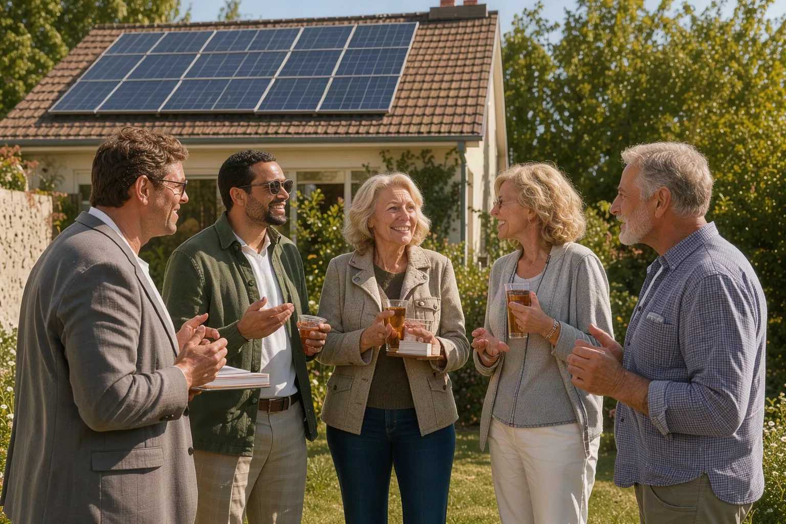 Groupe de personnes réunies dans un jardin, devant une maison dont le toit porte des panneaux solaires