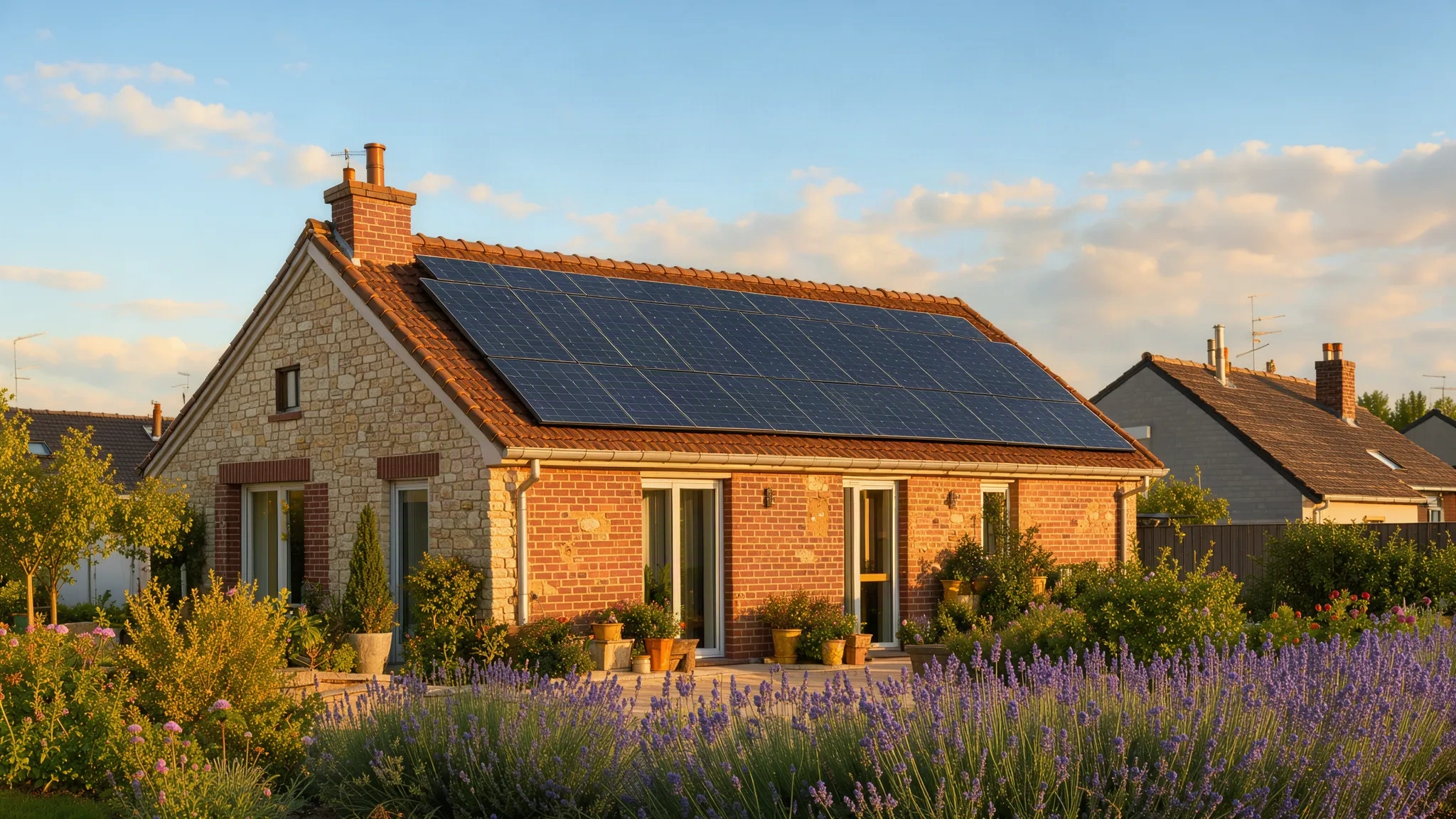 Maison avec toiture en tuiles couverte de panneaux photovoltaïques au coucher du soleil