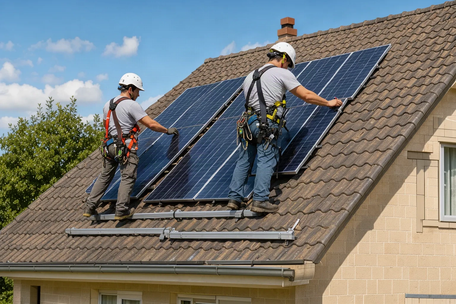 Installateurs posant des panneaux solaires sur un toit